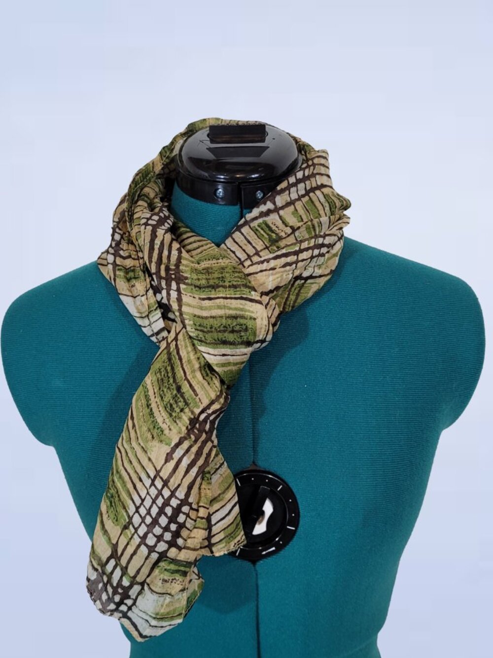 Soft Silk Scarf with Abstract Green and Brown Crosshatch Pattern